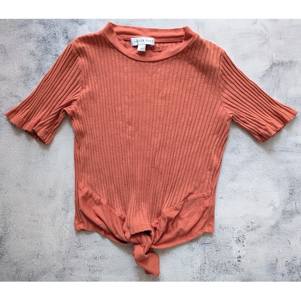 Amour Vert Coral Orange Short-Sleeve Ribbed Top Size S